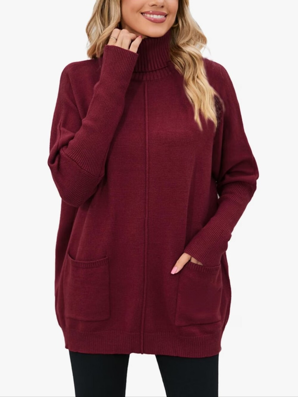 Turtleneck Oversized Solid Batwing Sleeve Long Knit Pullover Top